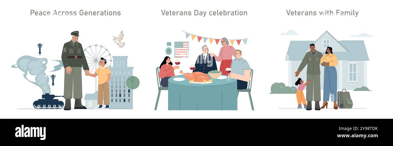 Set tributo al Veteran's Day. Riunioni d'onore e di famiglia con veterani. Pace domestica, banchetti festivi e casa. Illustrazione vettoriale. Illustrazione Vettoriale