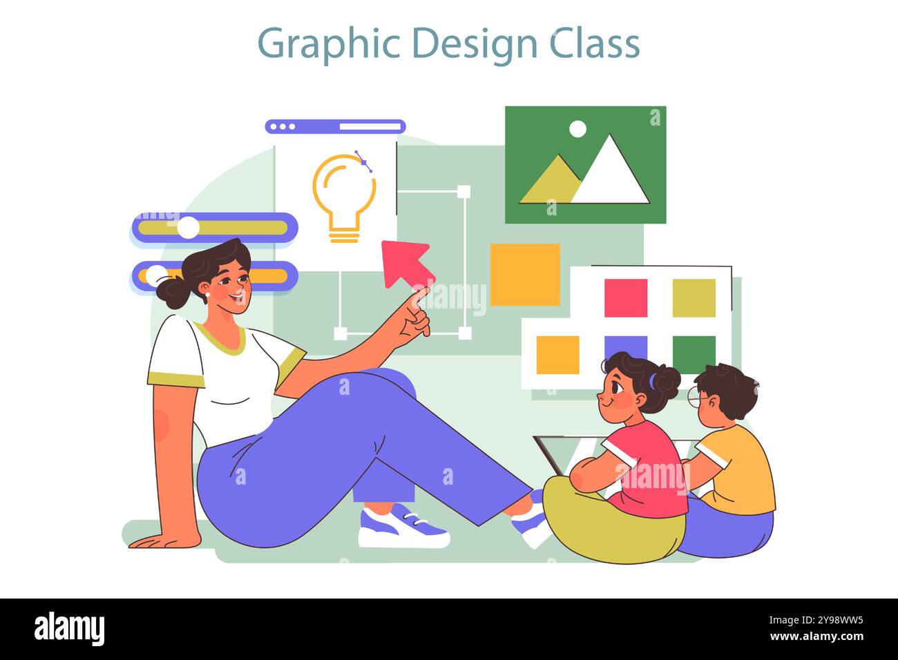 Campo tecnologico per bambini. Corso di formazione sulla progettazione grafica. I bambini imparano la pagina web e il design del marchio, l'identità aziendale e la pubblicità durante le vacanze estive. Illustrazione vettoriale piatta Illustrazione Vettoriale