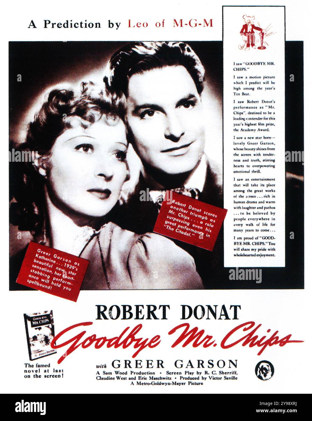 1939 Goodbye, Mr. Chips film poster - dramma romantico con Robert Donat, Greer Garson; diretto da Sam Wood. MGM Foto Stock