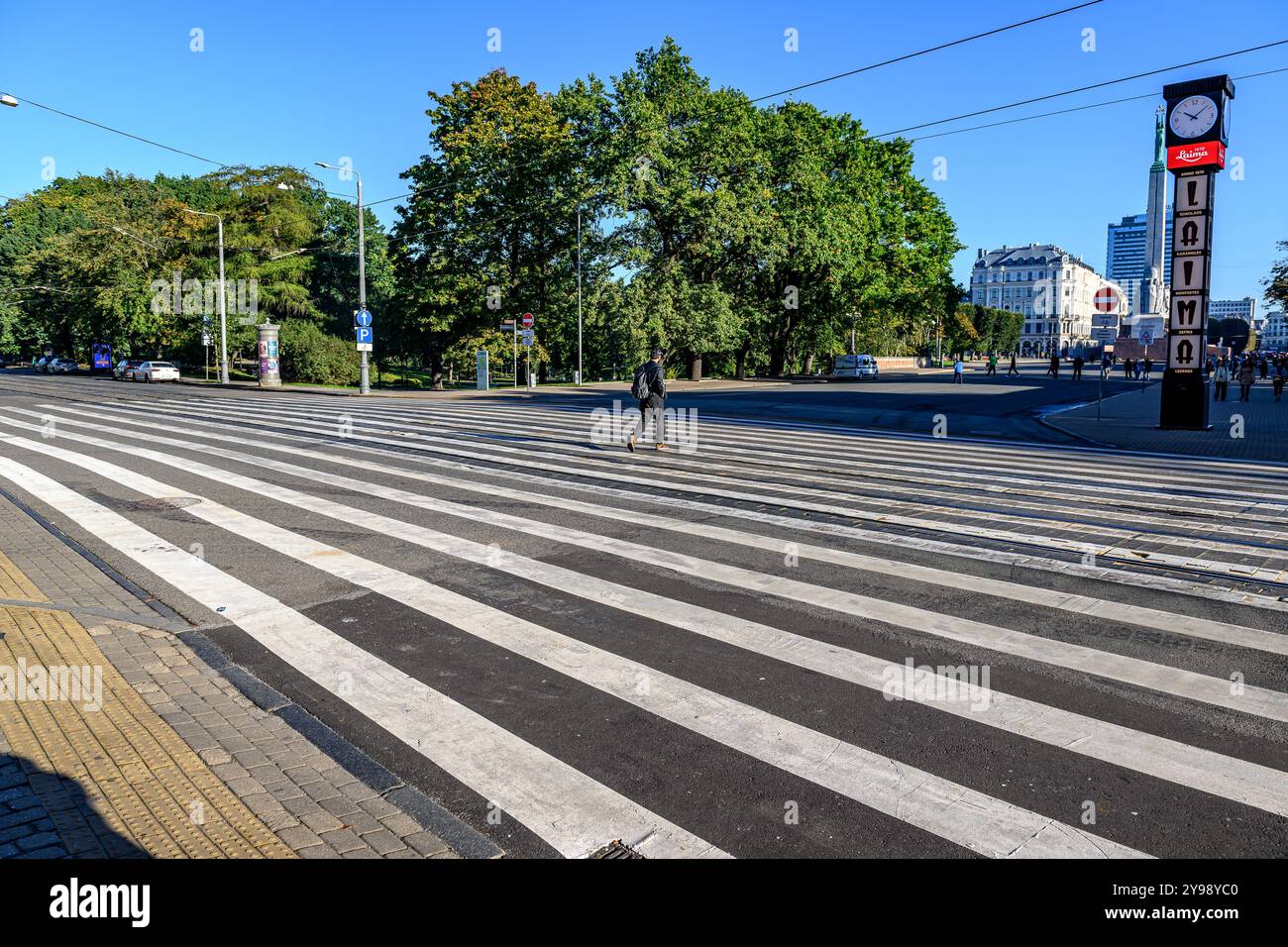 Ciclista che attraversa una Zebra Crossing a riga Foto Stock