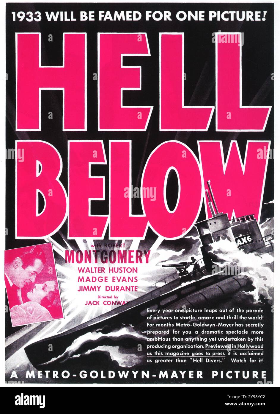 1933 Hell Below (Pigboats) poster cinematografico. Film pre-Code della MGM ambientato durante la prima guerra mondiale sulla guerra sottomarina. Dir. Jack Conway. Con Robert Montgomery Foto Stock