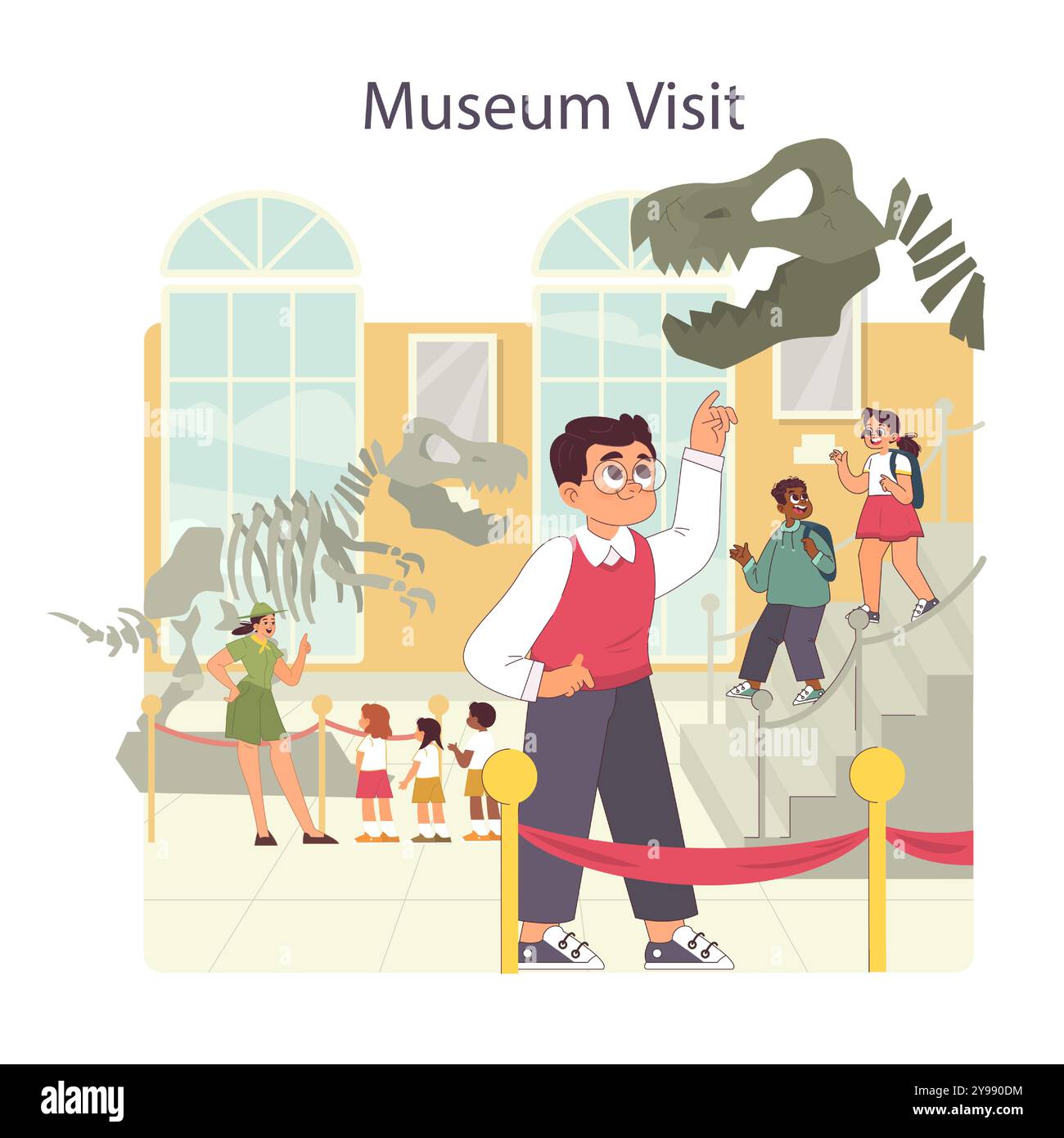 Visita al museo della scuola. Studenti che studiano storia e scienze naturali in attività extracurriculari. Guida che racconta ai bambini l'archeologia. Illustrazione vettoriale piatta Illustrazione Vettoriale