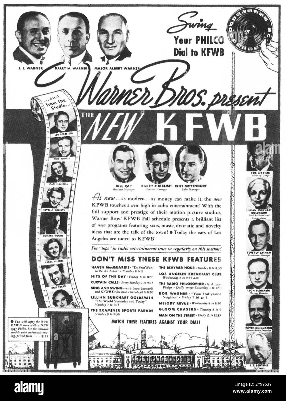 1937 stazione radio KFWB Warner Brothers a Los Angeles, California. Promo Foto Stock