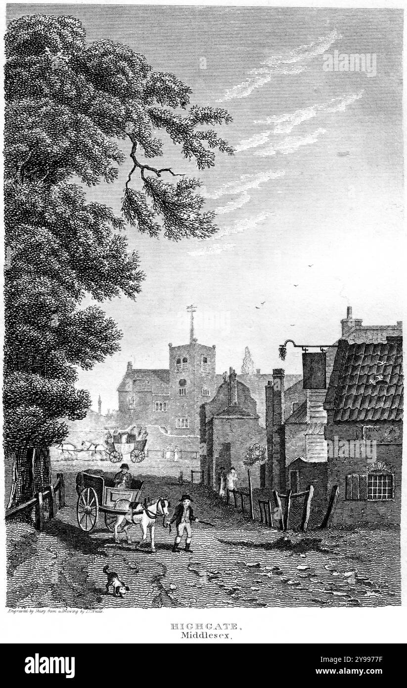 Un'incisione di Highgate, Middlesex UK scansionata ad alta risoluzione da un libro pubblicato intorno al 1815. Ritenuto privo di copyright. Foto Stock