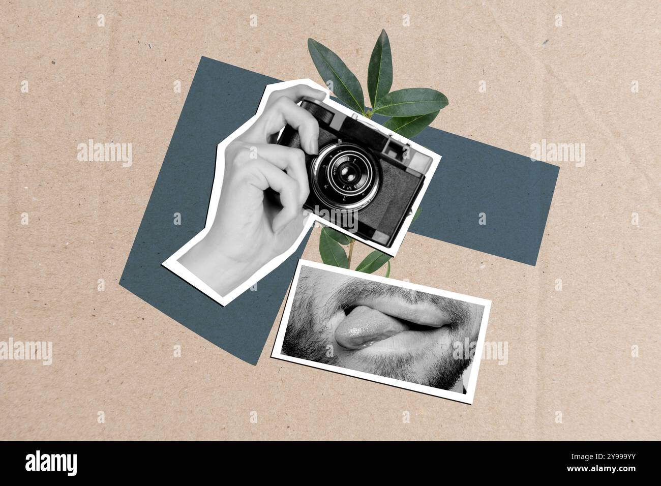 Foto collage creativo fotografo mano umana Face frammento bocca bocca eccitato leccare labbra paparazzi pianta in fiore verde scatta foto Foto Stock