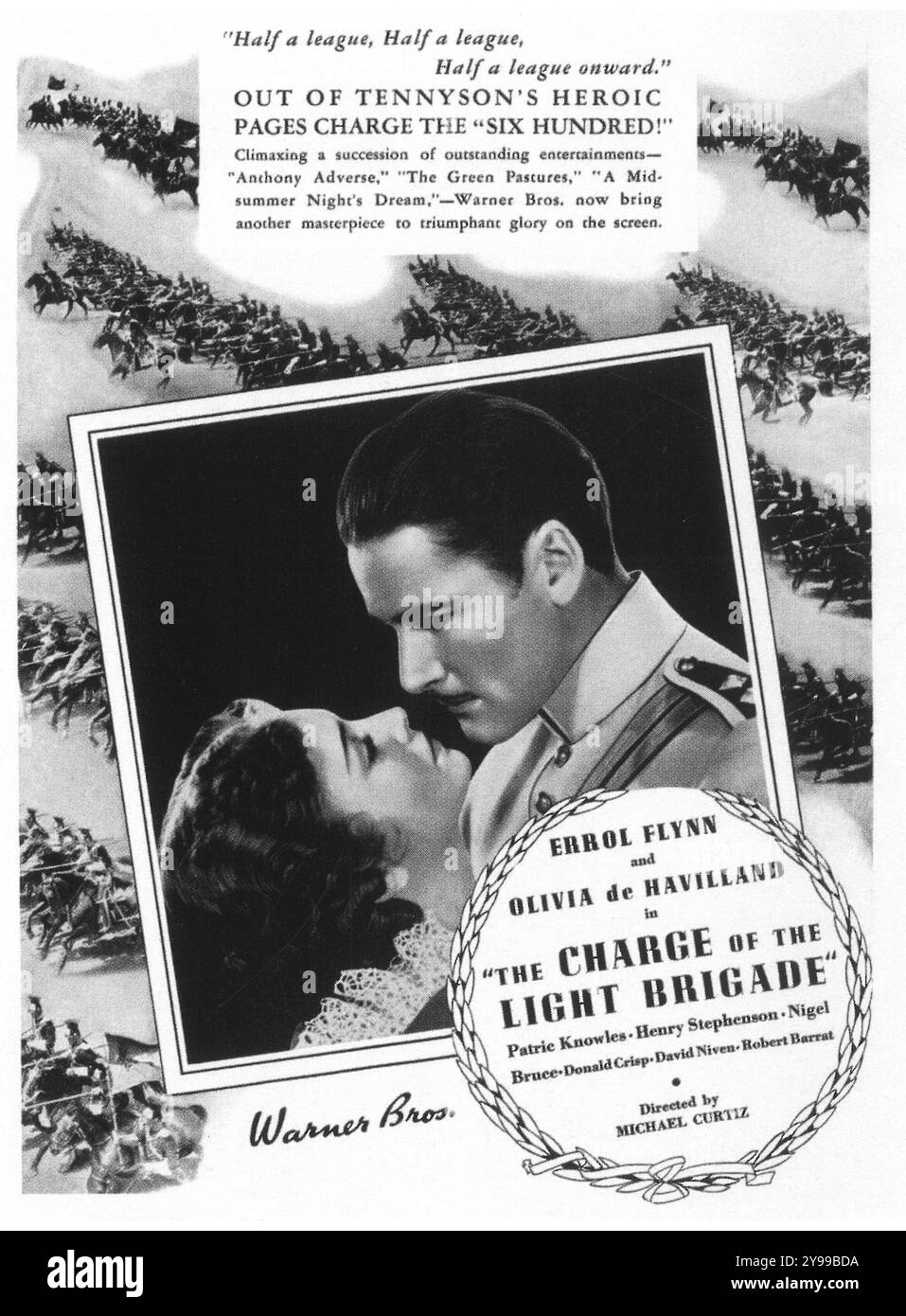 1936 la carica del poster del film Light Brigade. Warner Bros., con Errol Flynn e Olivia de Havilland, diretto da Michael Curtiz Foto Stock