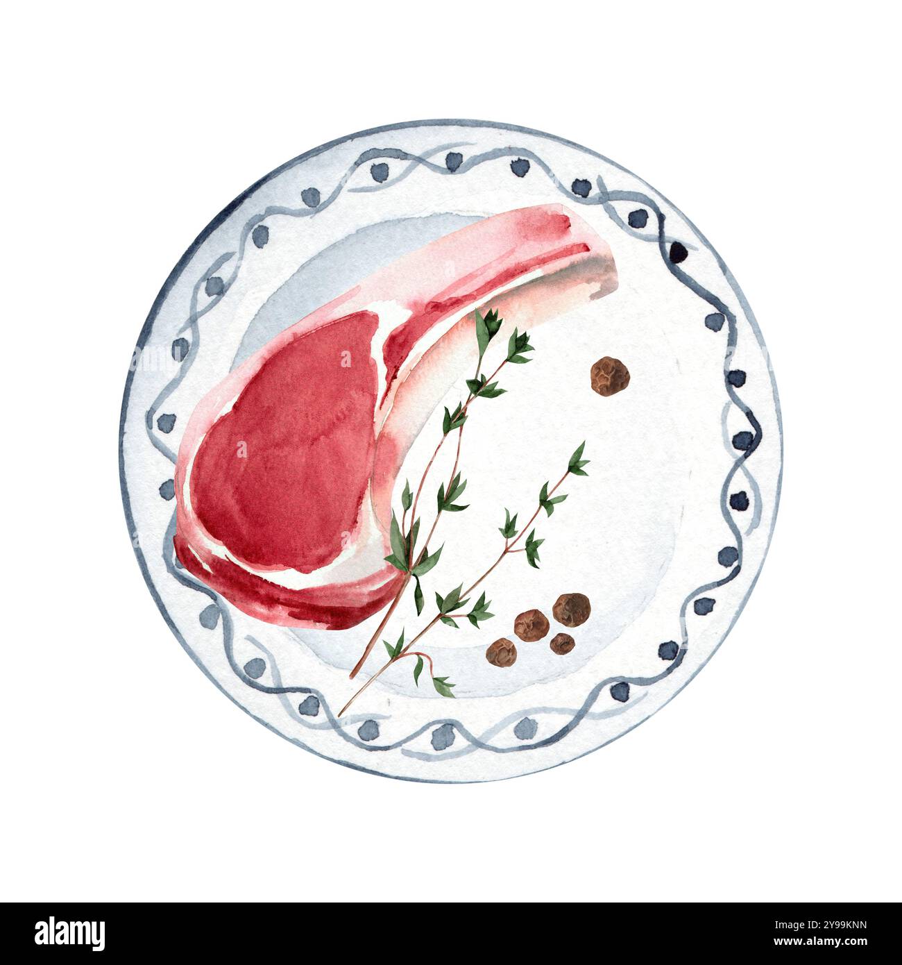 Illustrazione ad acquerello della bistecca di carne cruda su piatto di ceramica bianca con rametto di timo e pepe nero. Costolette di maiale fresche per il menu e il Cafe de Foto Stock