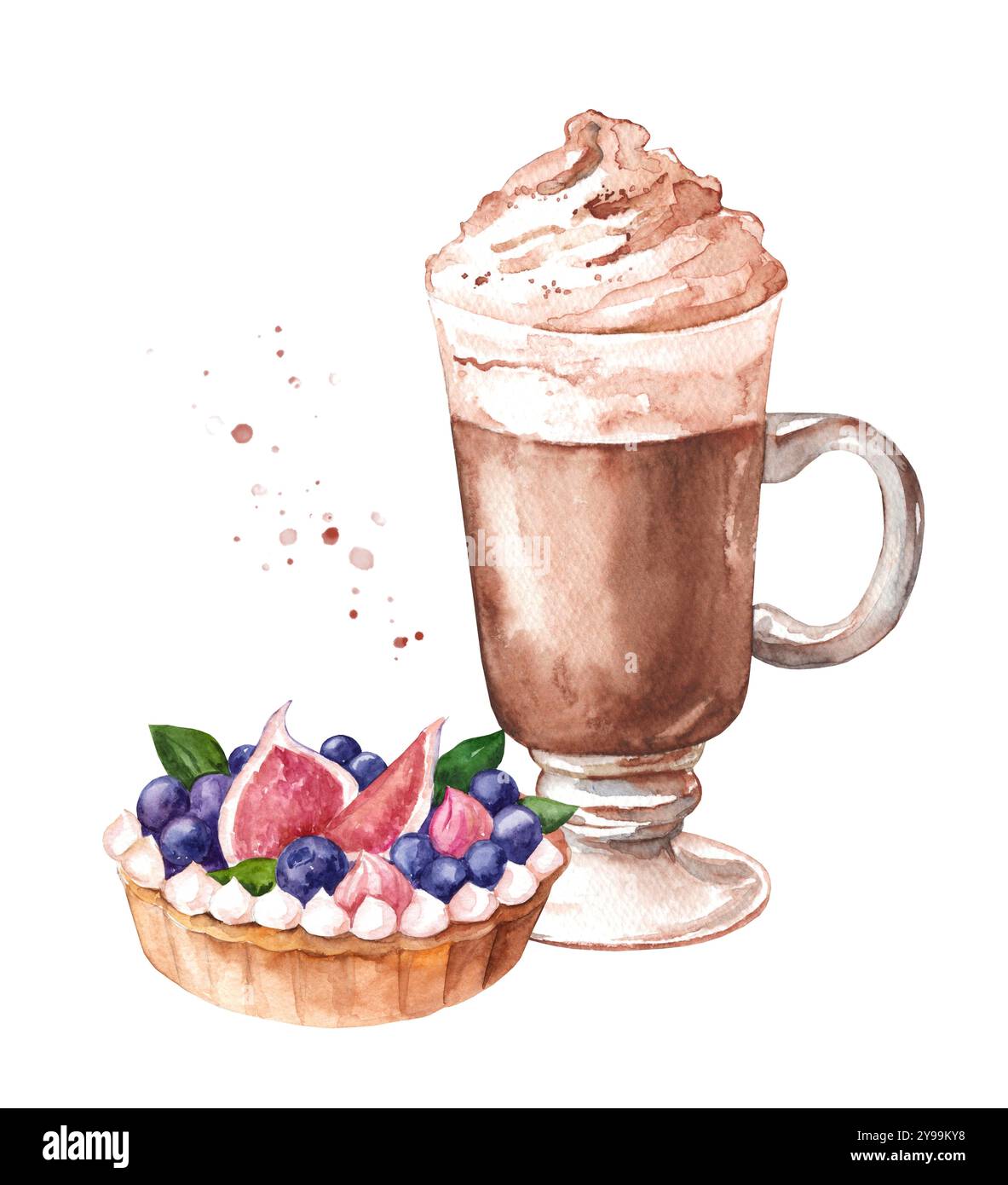 Illustrazione ad acquerello del cappuccino con dessert dolce. Caffè caldo in una tazza di vetro e crostata con frutti di bosco freschi e fichi isolati su sfondo bianco Foto Stock