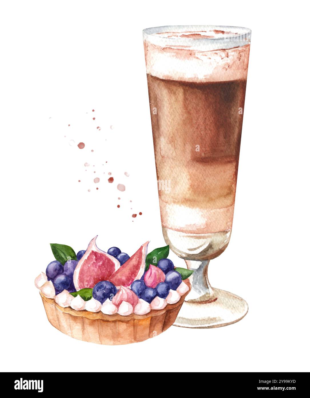 Illustrazione ad acquerello del latte con dessert dolce. Caffè caldo in una tazza di vetro e crostata con frutti di bosco freschi e fichi isolati su sfondo bianco Foto Stock