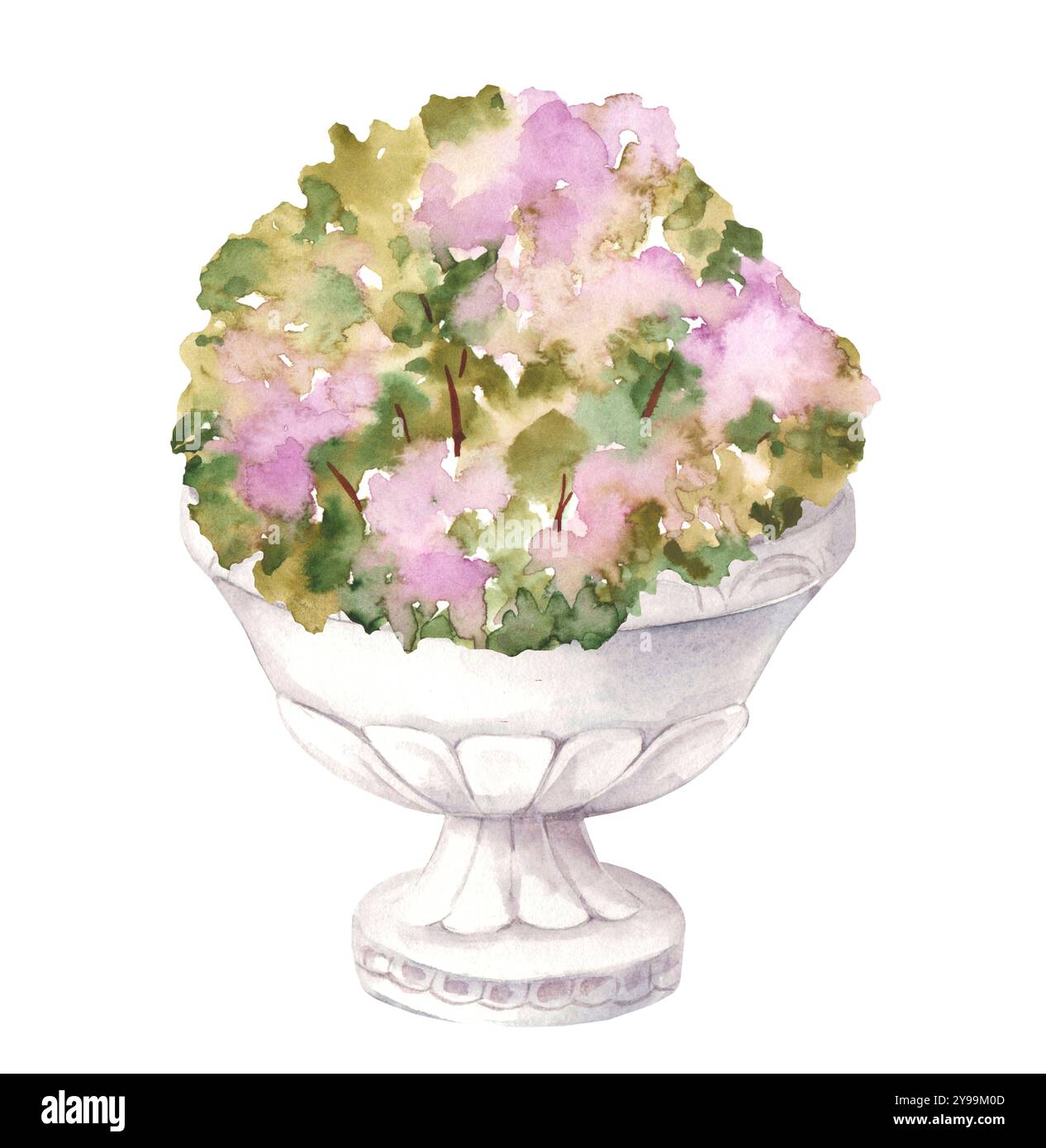 Illustrazione ad acquerello di delicati fiori lilla in pietra vaso in stile antico isolato su sfondo bianco. Design paesaggistico del parco e della casa Garde Foto Stock