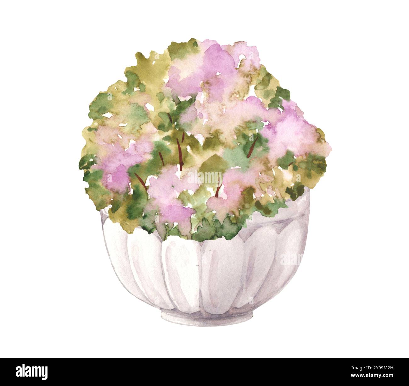 Illustrazione ad acquerello di delicati fiori lilla in pietra vaso in stile antico isolato su sfondo bianco. Design paesaggistico del parco e della casa Garde Foto Stock