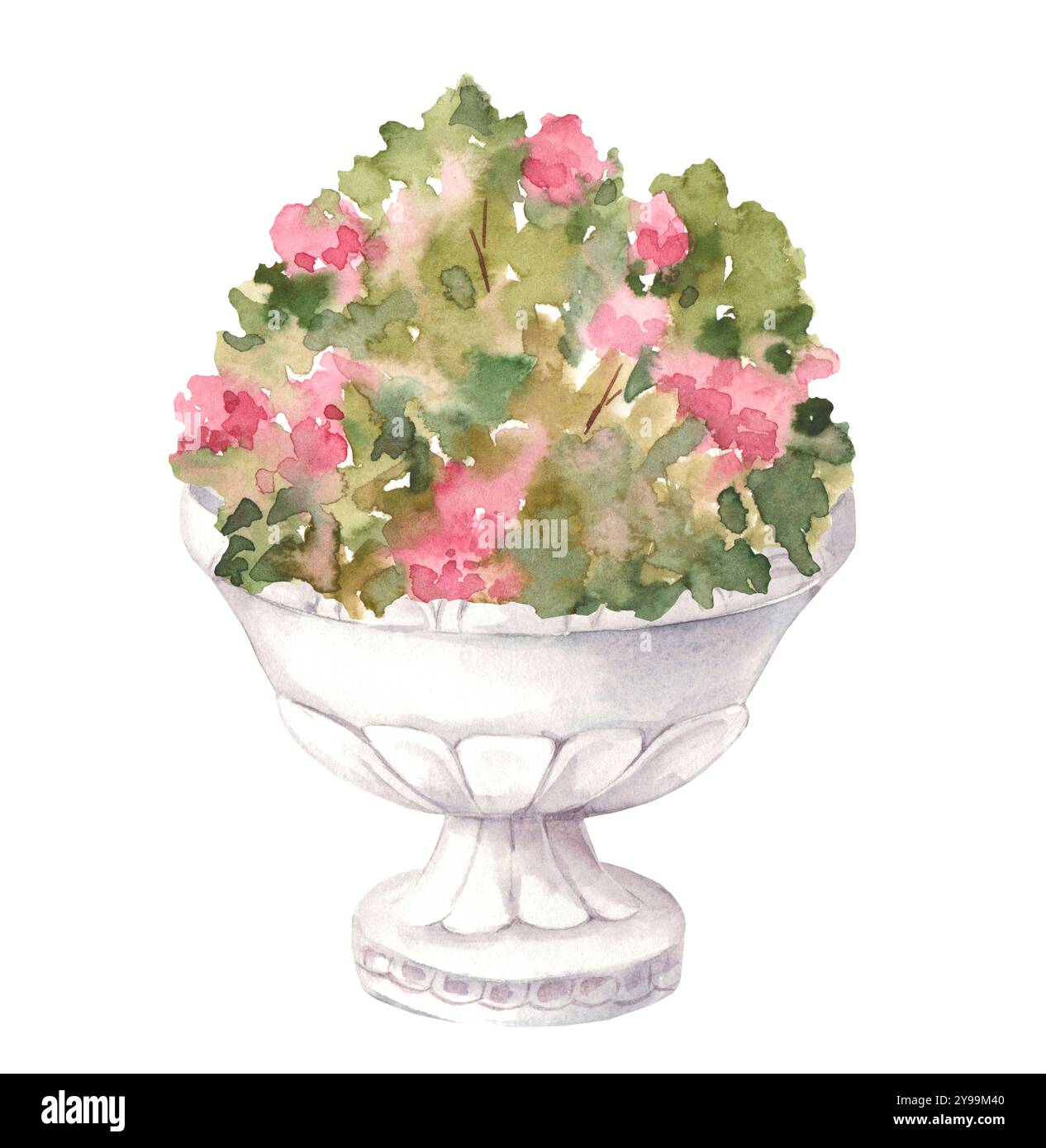 Illustrazione ad acquerello di delicati fiori rosa in pietra vaso in stile antico isolato su sfondo bianco. Design paesaggistico del parco e della casa giardino Foto Stock