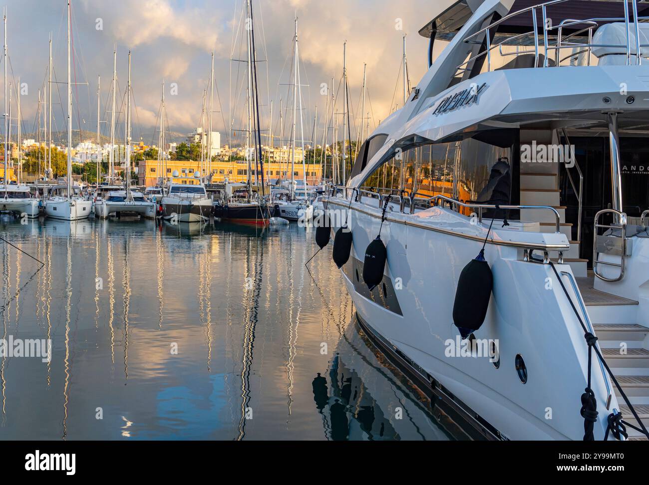 Palma di Maiorca, Spagna; 17 agosto 2024: Yacht di lusso ormeggiati nel porto turistico di Palma di Maiorca all'alba. Isole Baleari, Spagna Foto Stock