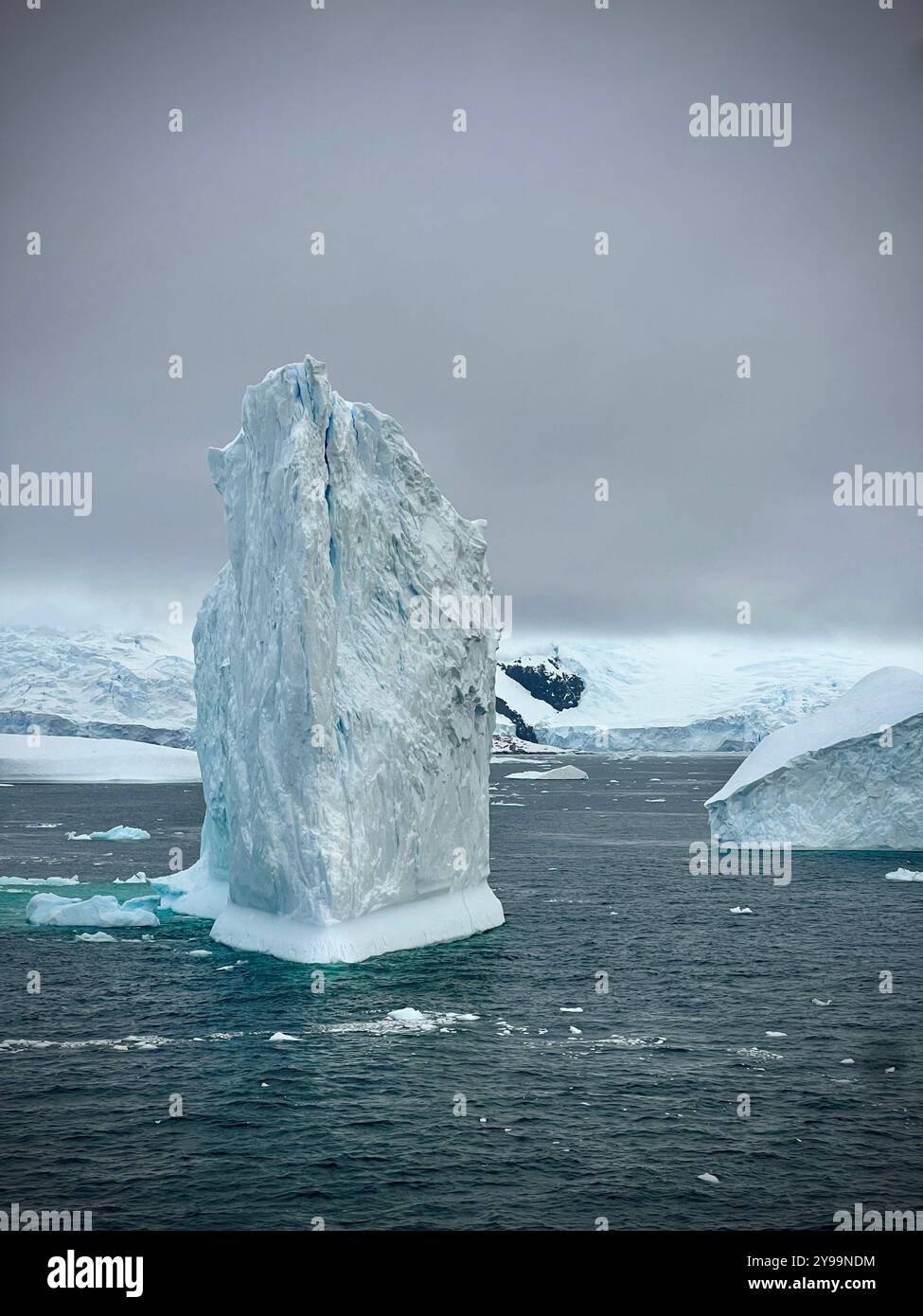 Suggestivi Iceberg sotto cieli umidi nelle remote acque antartiche - Immagine stock catturata con smartphone