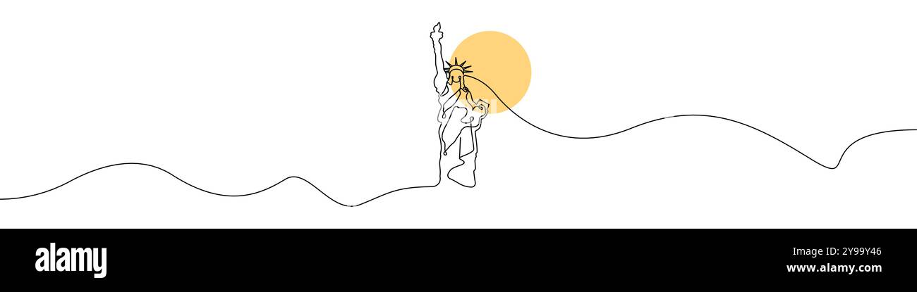 Icona Statua della libertà, vettore di disegno continuo. Sfondo vettoriale dell'icona Statua della libertà su una riga. Icona della Statua della libertà degli Stati Uniti. Uscita continua Illustrazione Vettoriale