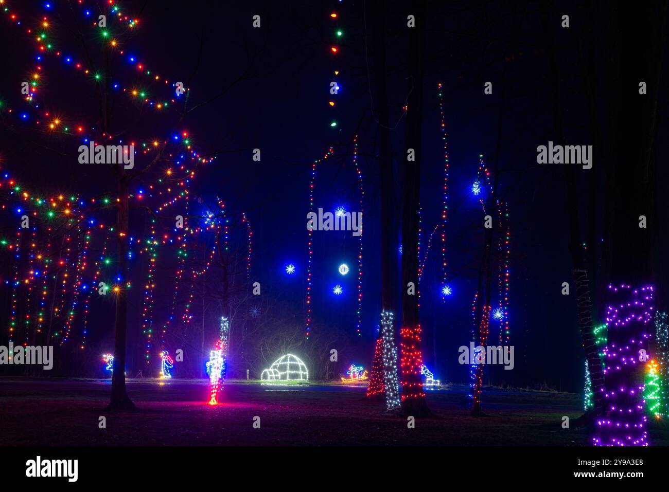 Luci natalizie e figure illuminate circondano un igloo illuminato in un parco cittadino dell'Ohio nord-orientale. Foto Stock