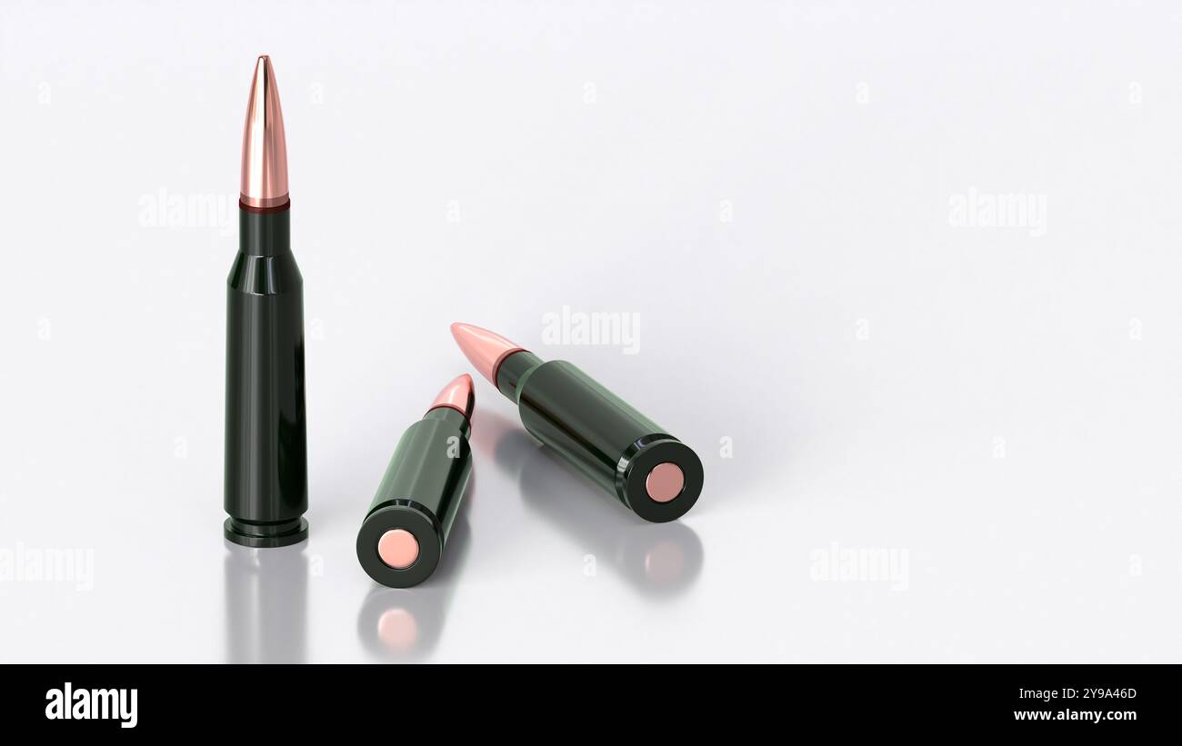 Cartuccia militare 5,45 da 39 mm, cartuccia Kalashnikov AK-74 su sfondo bianco, che mostra texture dettagliate e marcature per disegni a tema militare Foto Stock