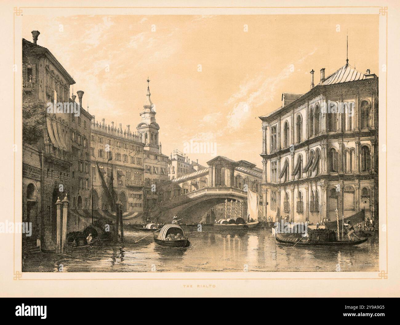 "Il Rialto". Litografia d'epoca di Venezia, Italia. Disegno di Lake Price, 1843. Sepia Litho Joseph Nash. Foto Stock