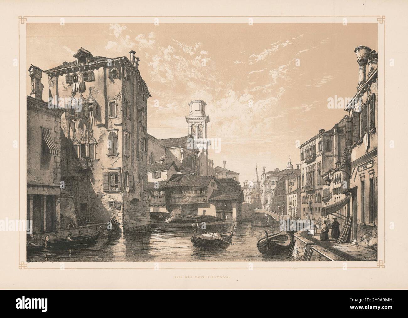 Il Rio San Trovaso. Litografia d'epoca di Venezia, Italia. Disegno di Lake Price, 1843. Sepia Litho Joseph Nash. Foto Stock