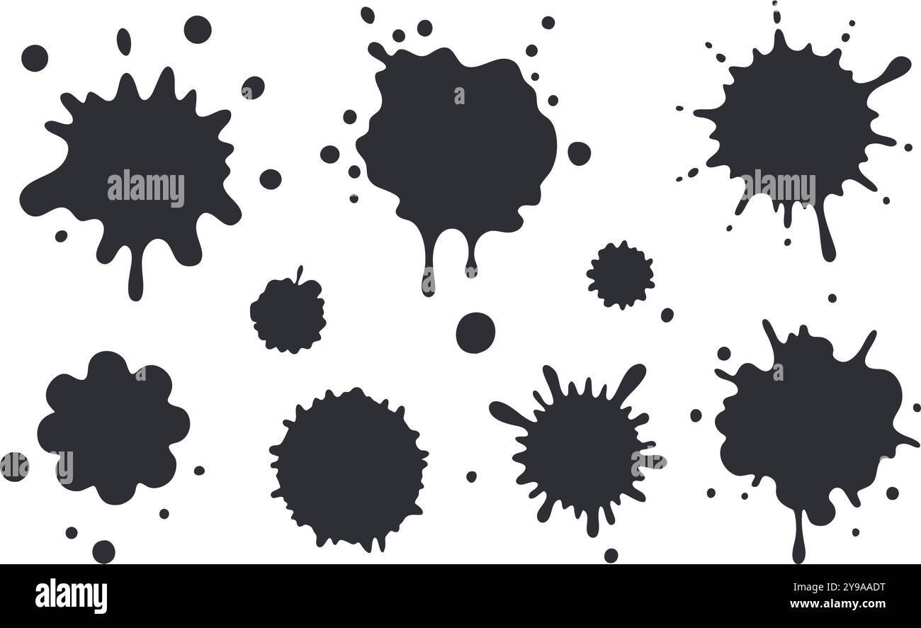 Set di macchie di inchiostro nero e schizzi. Illustrazione vettoriale per la progettazione. Illustrazione Vettoriale