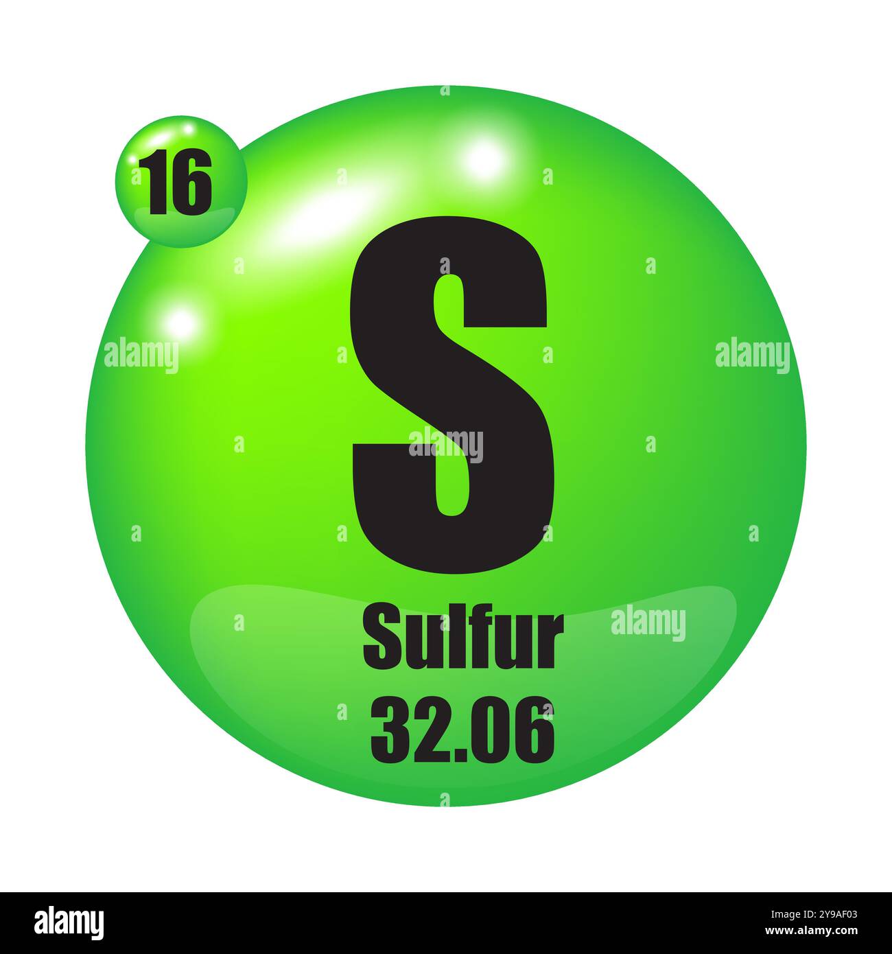 Icona zolfo. Numero atomico 16. Massa 32.06. Simbolo vettoriale. Illustrazione Vettoriale