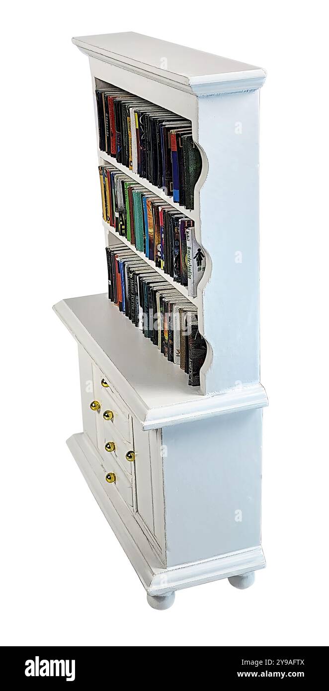 Libreria bianca in legno piena di libri vista laterale Foto Stock