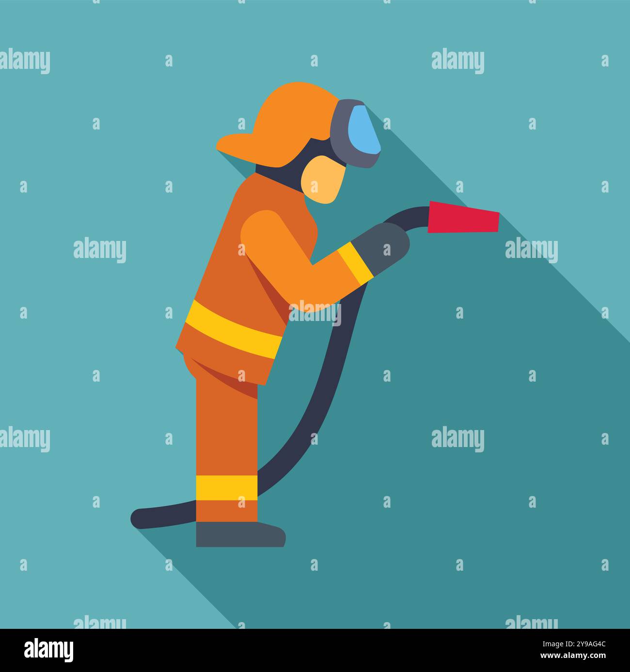 Vigile del fuoco che tiene in mano una manichetta antincendio mentre indossa una tuta protettiva e un casco Illustrazione Vettoriale