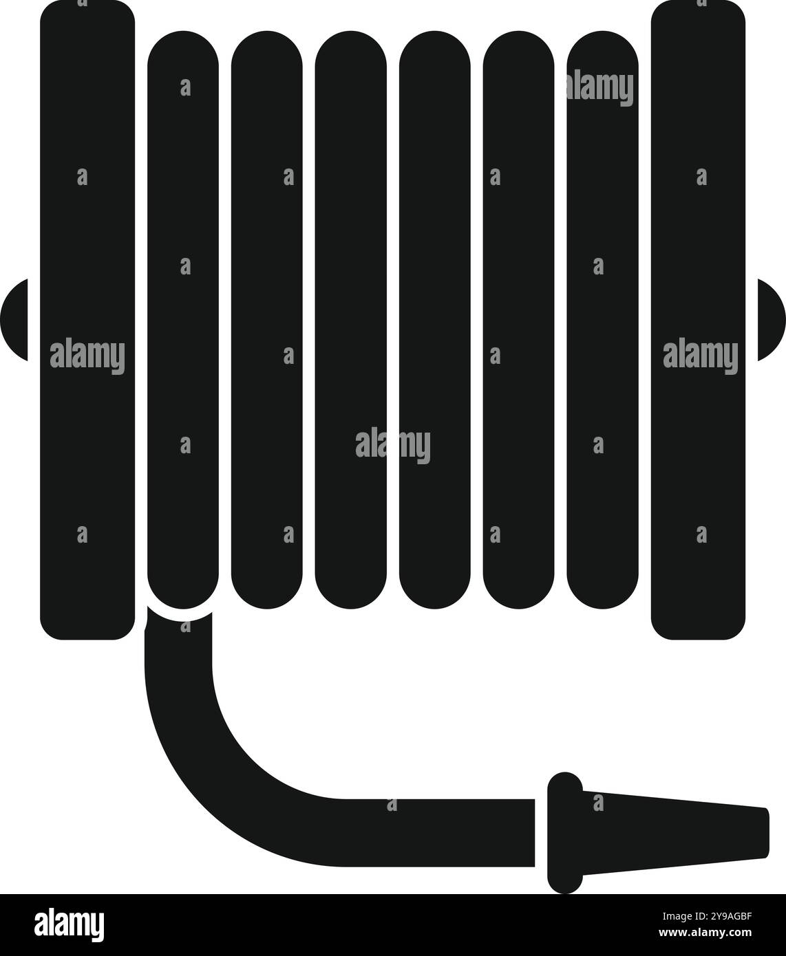 Questa semplice icona vettoriale in bianco e nero rappresenta una manichetta antincendio, un componente essenziale dell'attrezzatura antincendio Illustrazione Vettoriale