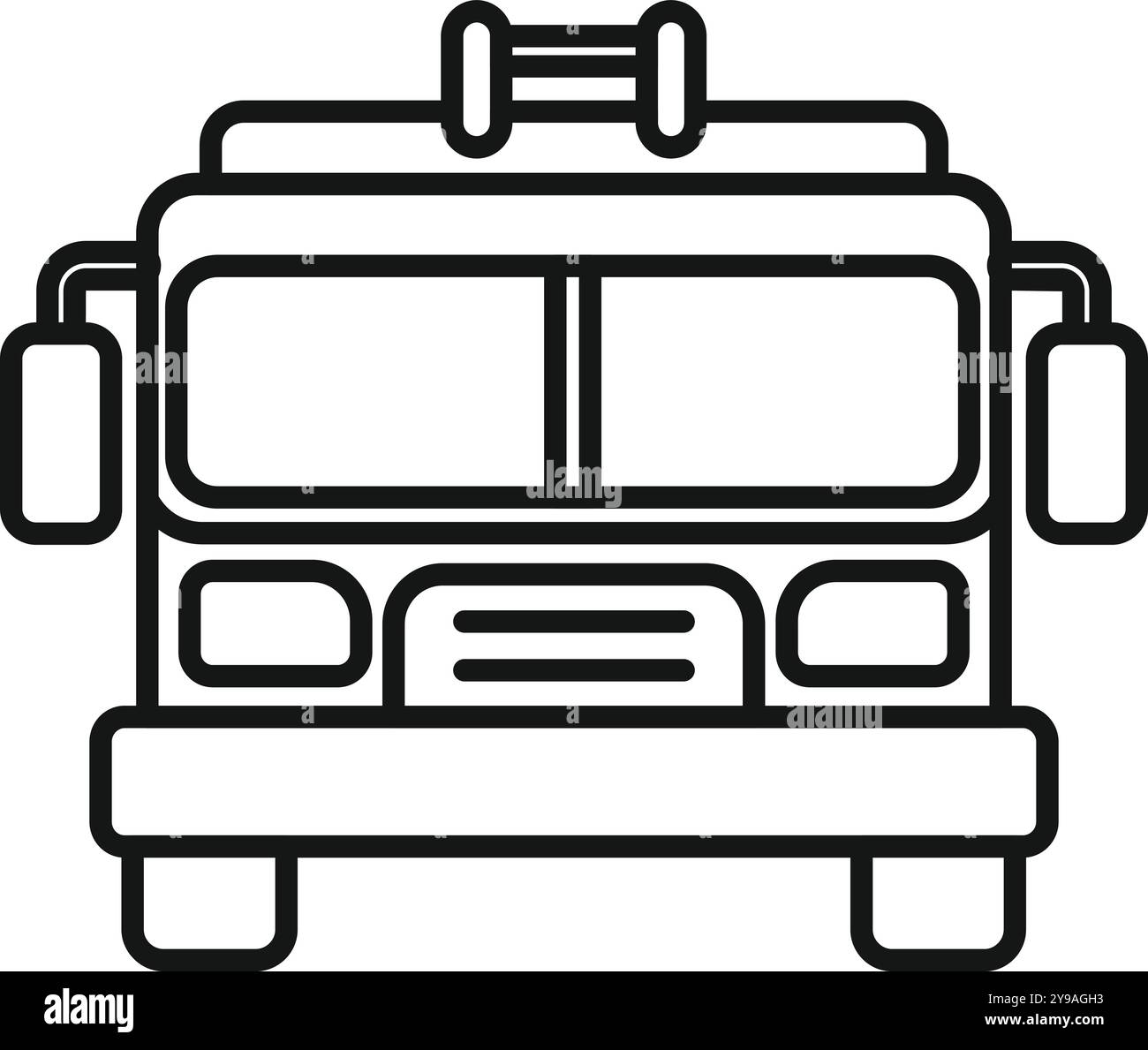 Icona della linea per la visione frontale di un autocarro antincendio semplice e minimalista, ideale per rappresentare i servizi antincendio, di risposta alle emergenze e di soccorso Illustrazione Vettoriale