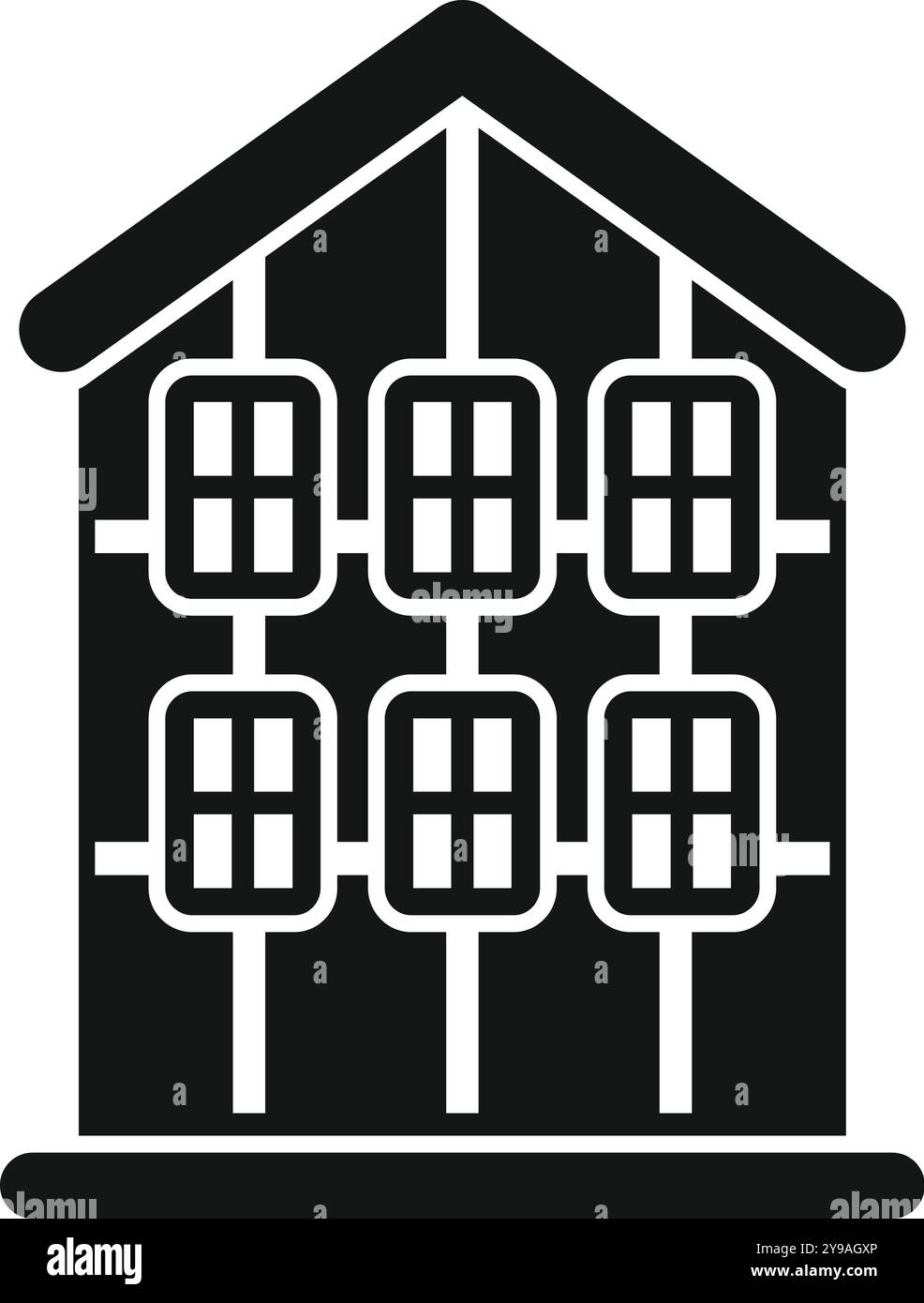 Questa semplice icona vettoriale rappresenta una casa che utilizza pannelli solari per l'energia pulita Illustrazione Vettoriale