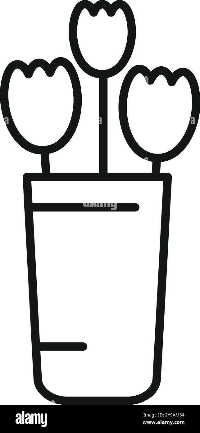Semplice icona di linea di tre tulipani in un vaso, perfetta per design minimalisti legati alla primavera, alla natura o all'arredamento della casa Illustrazione Vettoriale