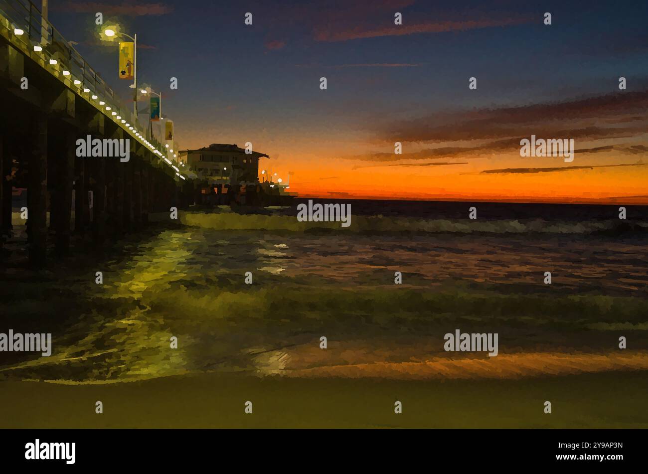 Seascape, molo subito dopo il tramonto con un cielo parziale dorato e blu, con nuvole che passano, alterato Di9gitally con filtro ad acqua per dare l'acquerello. Foto Stock