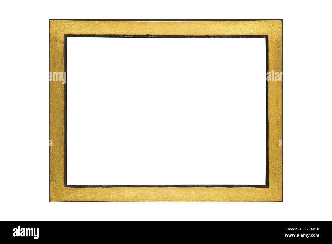 Montatura moderna in oro rettangolare semplice e moderna, sfondo bianco isolato, con dettagli interni in linea nera Foto Stock