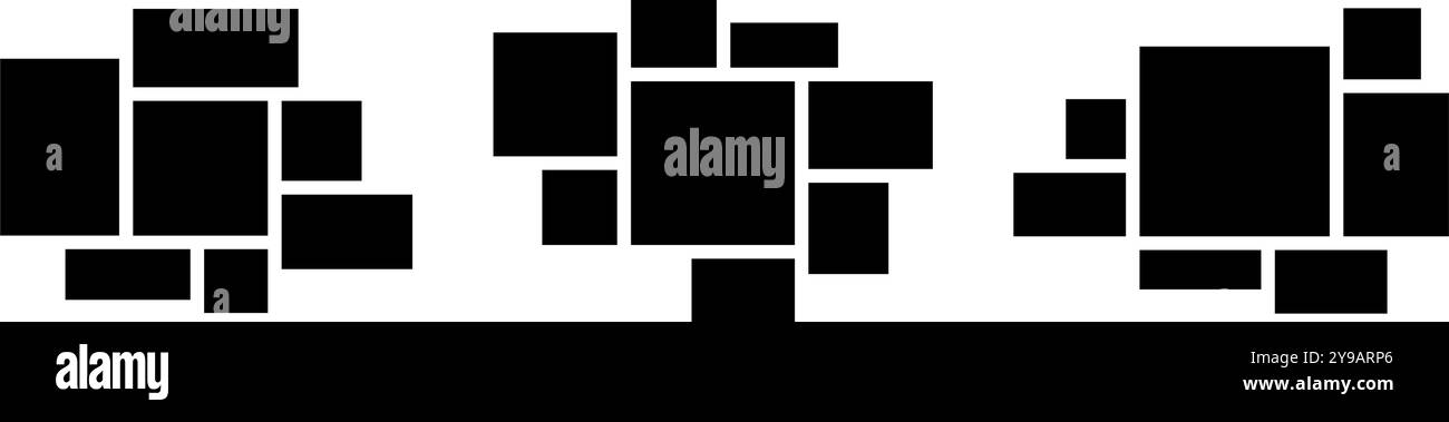 Set layout collage immagine. Mosaic nero Mosaic Mood board GRID Collection. 7-8 disposizione della composizione delle immagini. Modello di album fotografico per banner, poster, mockup, volantini, brochure, opuscolo, muro di memoria. Vettore Illustrazione Vettoriale