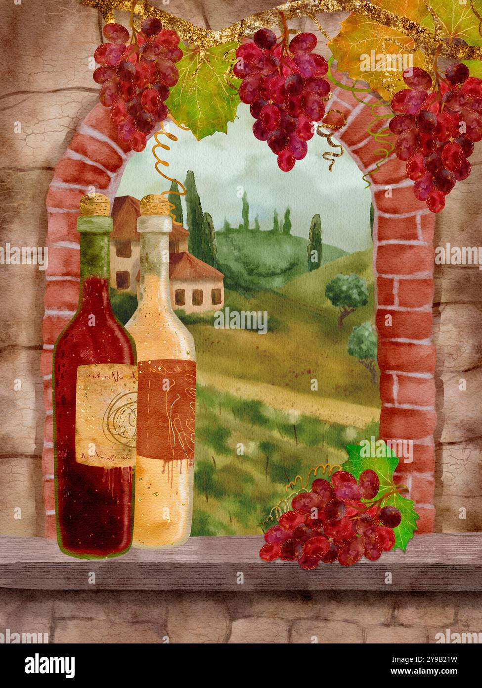 Esplora la bellezza dei vigneti con bottiglie di vino e uve mature, creando un paesaggio mozzafiato. Arte digitale in stile acquerello. Foto Stock