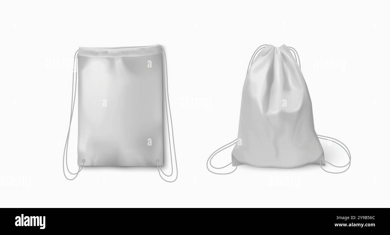 Zaino bianco con cordoncino lungo e sottile per il trasporto di vestiti da palestra o attrezzi scolastici. Set di immagini vettoriali 3d realistiche con zaino a spalla in tessuto morbido vuoto con modello a cordoncino. Illustrazione Vettoriale