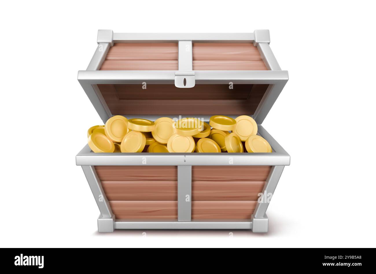 scrigno aperto in 3d con vettore di monete dorate. Soldi d'oro in una scatola di legno dei pirati. Oggetto pieno realistico per un gioco d'avventura misterioso. Concetto di cassa di bottino riempita isolata su sfondo bianco Illustrazione Vettoriale