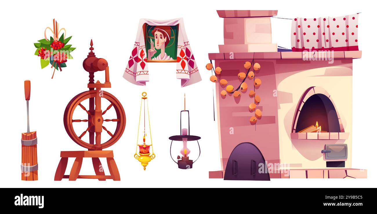 Elementi interni della cucina russa del vecchio villaggio. Serie di illustrazioni vettoriali cartoni di case rurali all'interno di oggetti antichi - stufa in pietra con fuoco e tenda, ruota a mandrino in legno, lampada a cherosene sospesa. Illustrazione Vettoriale