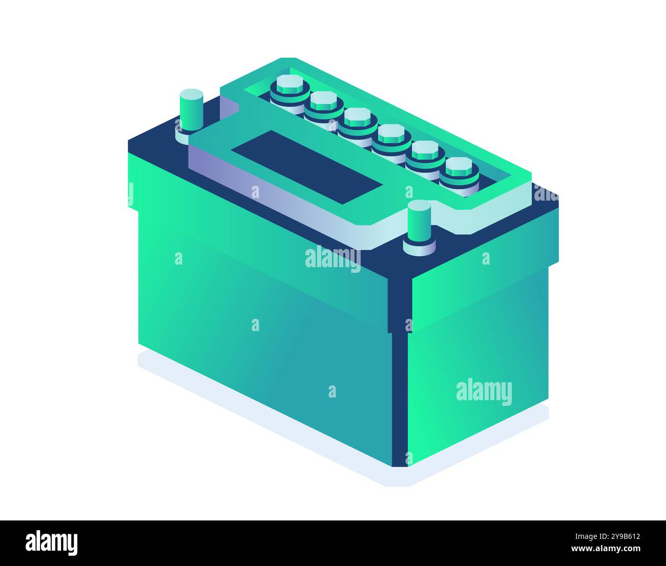 Batteria per auto isolata su sfondo bianco. Batteria accumulatore. Oggetto isometrico. Illustrazione vettoriale. Illustrazione Vettoriale