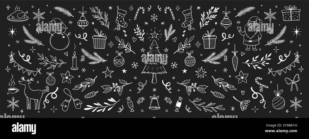 Albero di Natale, foglia, sfondo della corona di agrifoglio. Disegna a mano il doodle holly floreale, le foglie dell'albero di natale, il fiocco di neve. Ornamento natalizio, rustico disegno corona. Illustrazione vettoriale Illustrazione Vettoriale