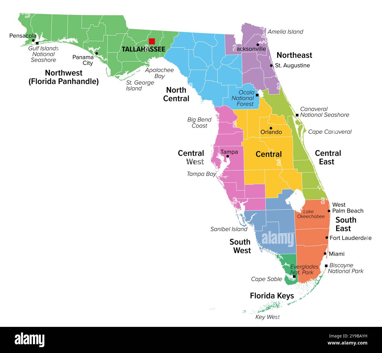 Regioni dello stato degli Stati Uniti, Florida, mappa multicolore che mostra le regioni di viaggio, le sottoregioni, le città e le principali destinazioni. Stato nel sud-est degli Stati Uniti. Foto Stock