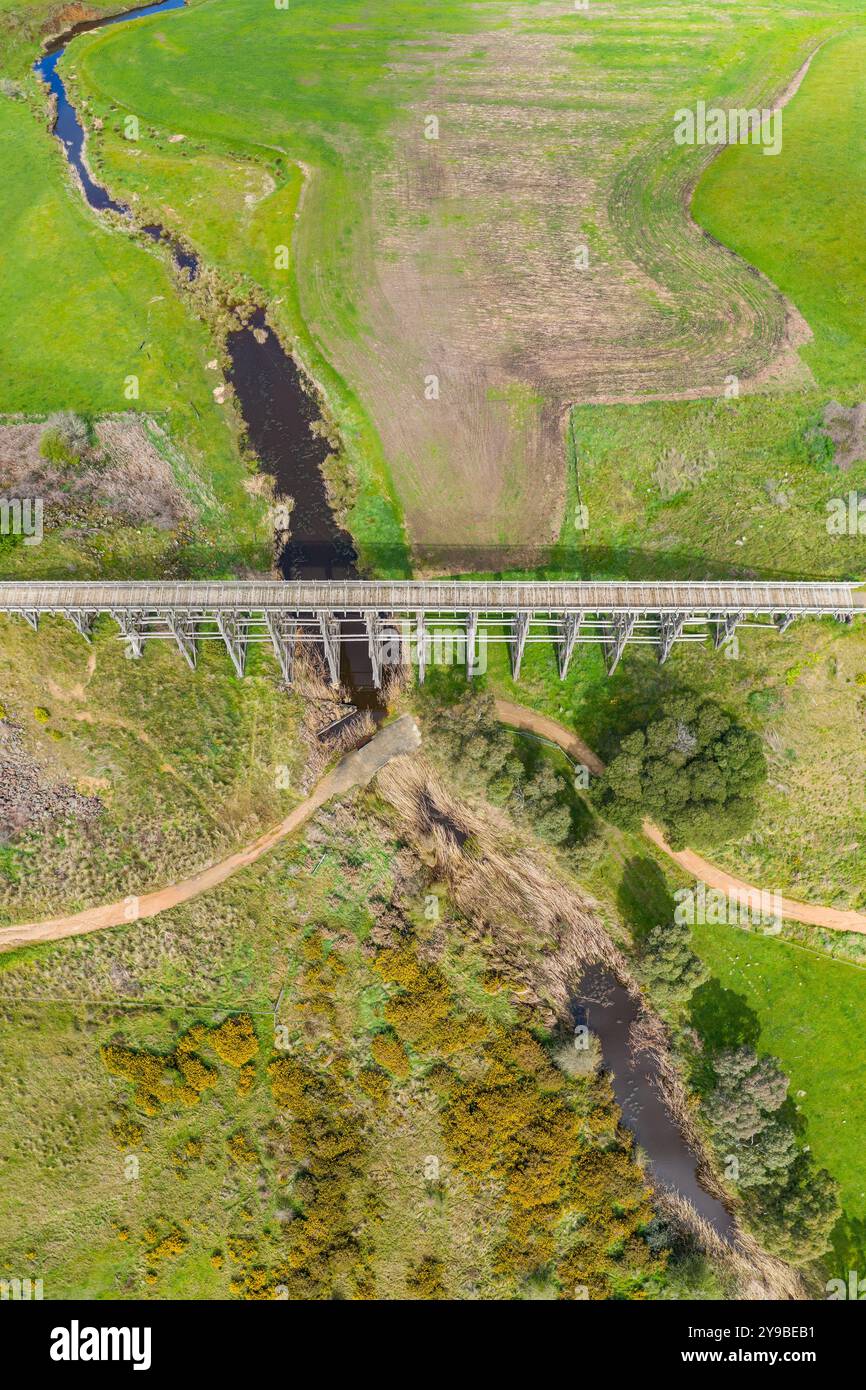 Vista aerea di uno storico ponte traestle su un torrente sul fondo di una valle a Smythesdale, nel Victoria centrale, Australia. Foto Stock