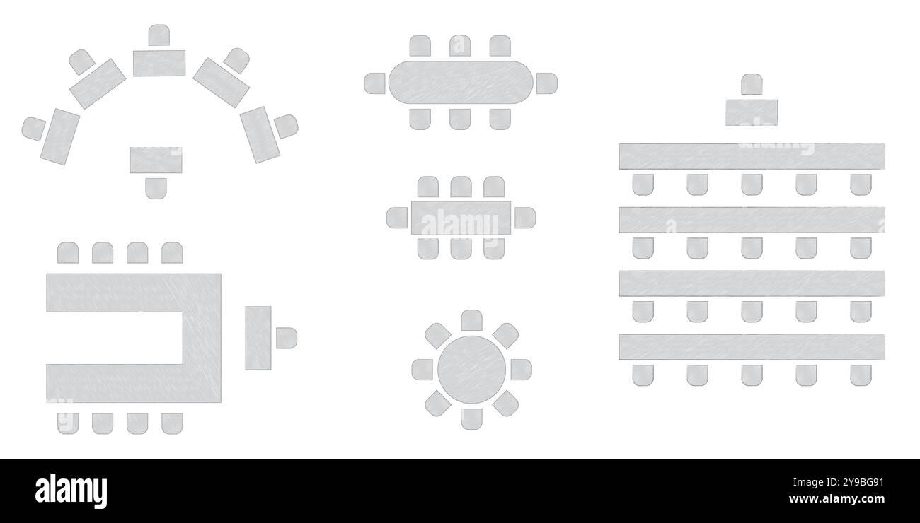 Disposizione dei posti per matrimoni. Sala conferenze, banchetti, seminari, interni con aule, sala conferenze e sala seminari. Vista superiore vettoriale di Illustrazione Vettoriale