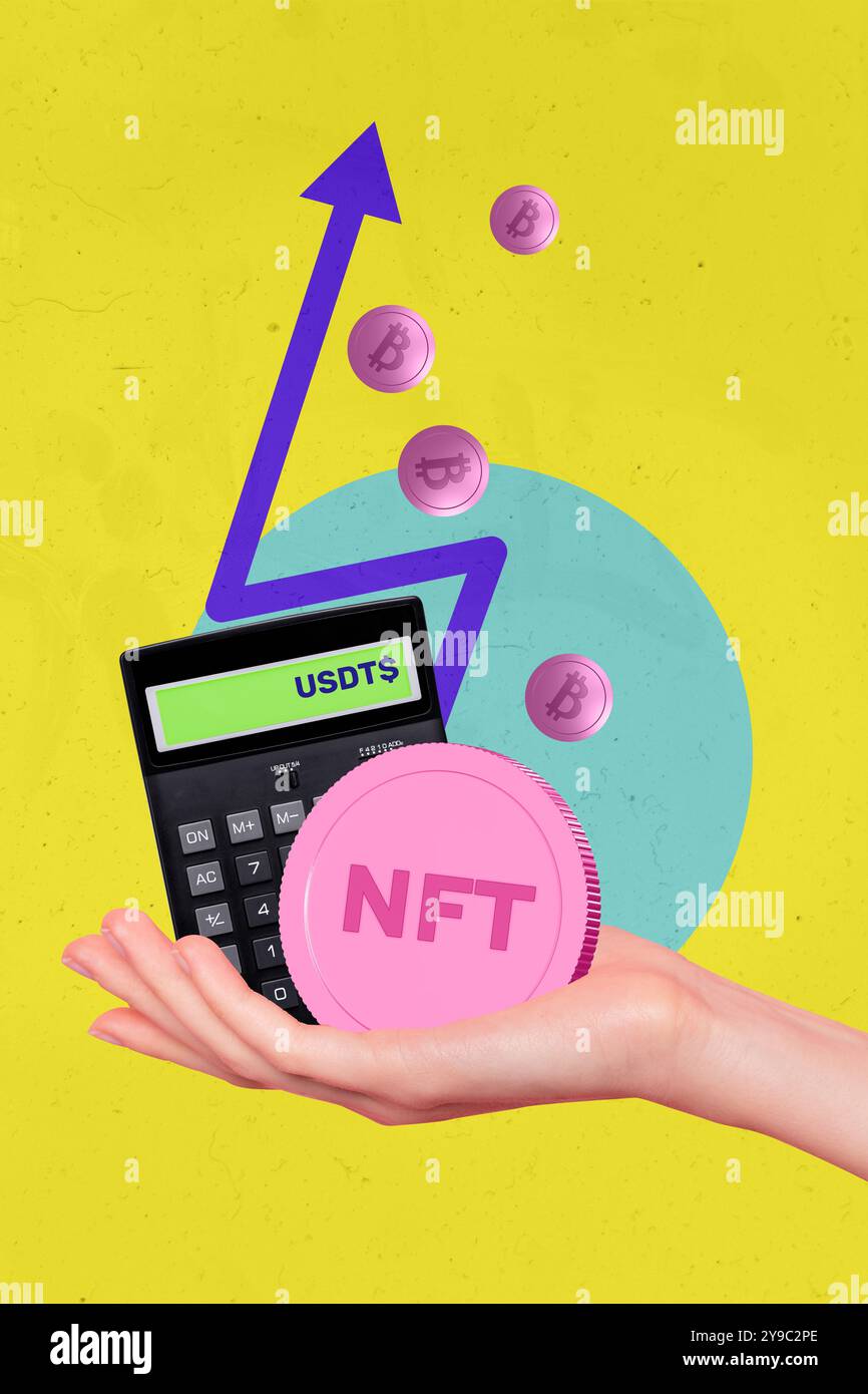 Grafica di tendenza composita immagine di schizzo collage di foto 3D del trader lavoro di freccia aziendale enormi mani tenere monete denaro nft cripto calcolatore conteggio Foto Stock