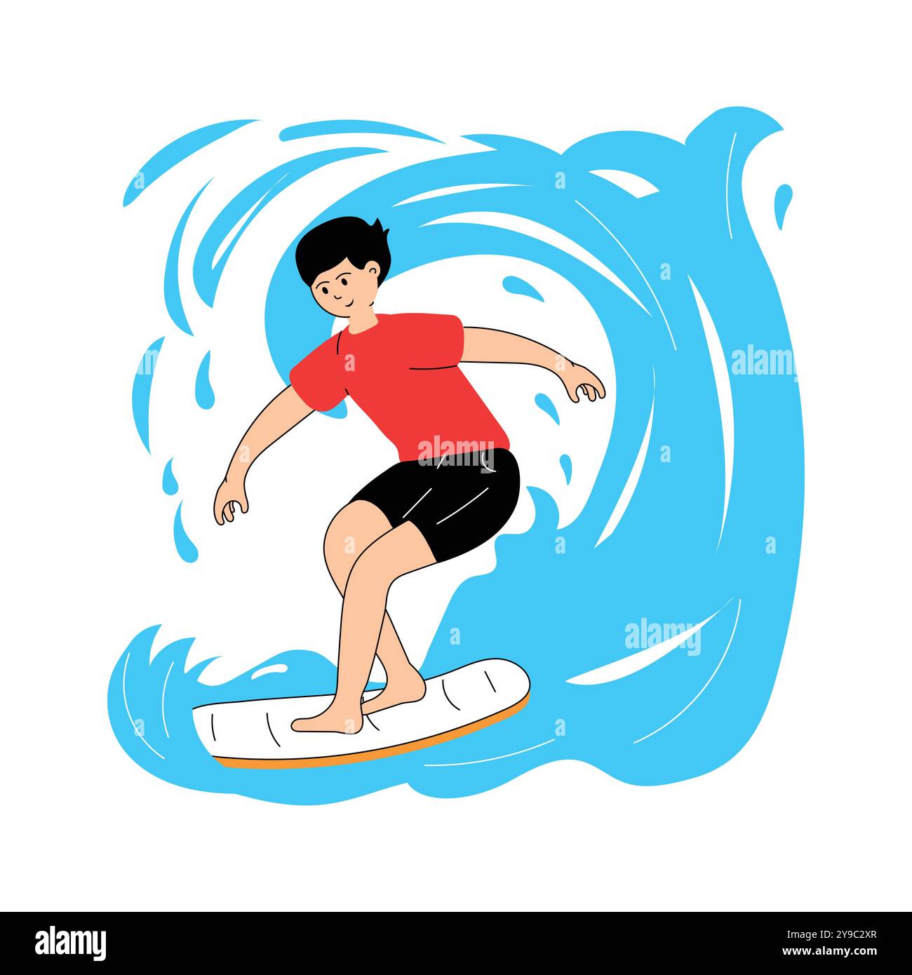 Surfista che cavalca un'onda, surf illustrazione piatta in stile moderno Illustrazione Vettoriale