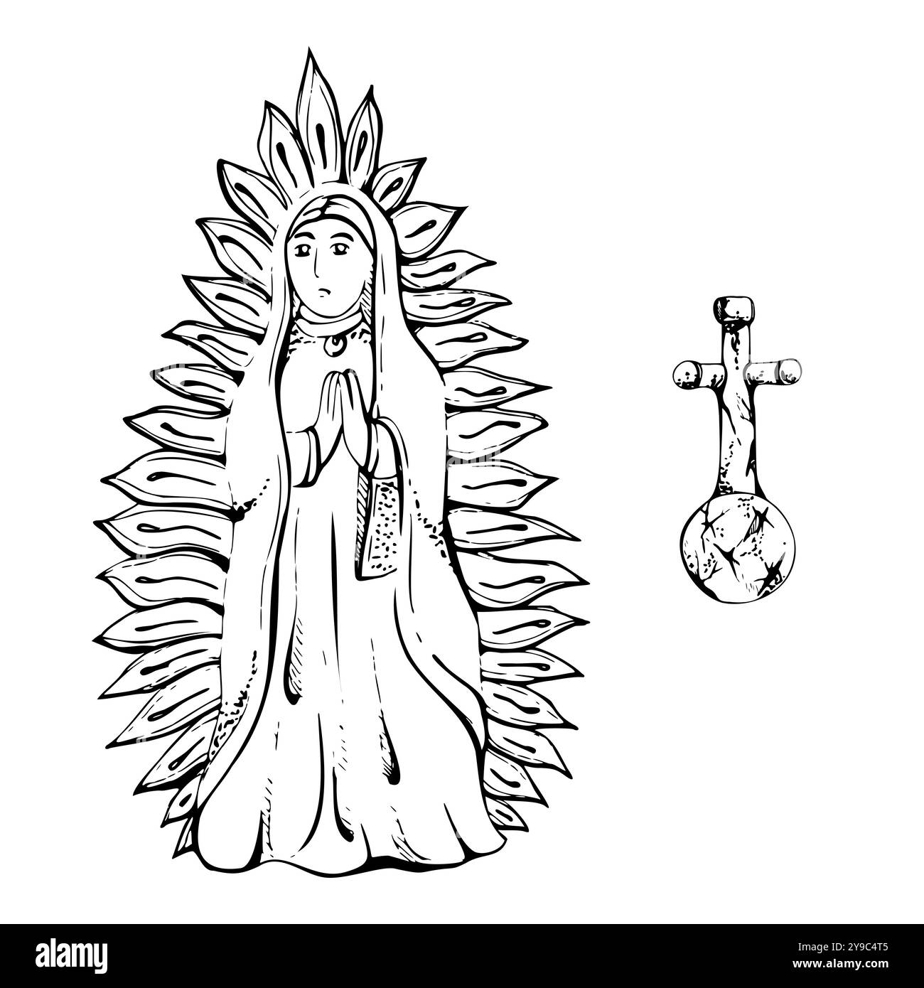 Simbolo religioso messicano, Santa Vergine Maria di Guadalupe in fiamme, scultura cristiana cattolica. Illustrazione del vettore di inchiostro disegnato a mano. Elemento singolo Illustrazione Vettoriale