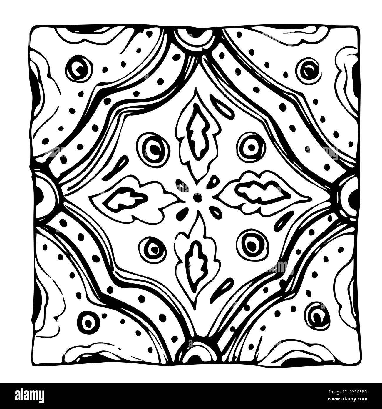 Azulejo messicano, mosaico arabo mediterraneo marocchino, ornamento a vetri per piastrelle del pavimento delle pareti. Illustrazione del vettore di inchiostro disegnato a mano. Singolo isolato Illustrazione Vettoriale
