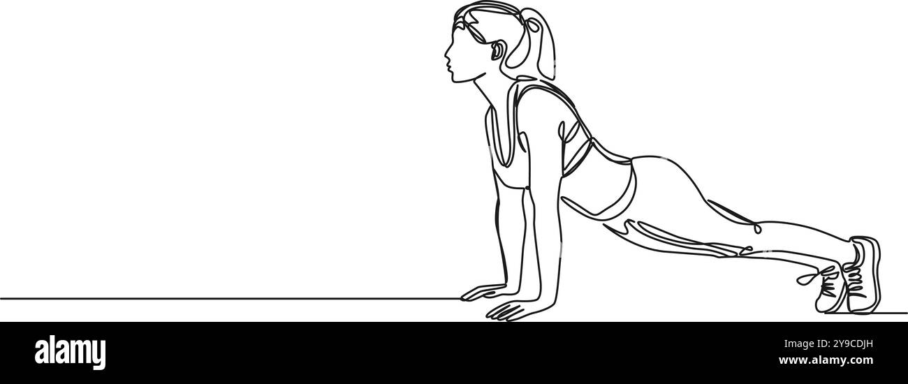 disegno continuo a linea singola di una donna in forma che esegue push-up, illustrazione vettoriale line art Illustrazione Vettoriale