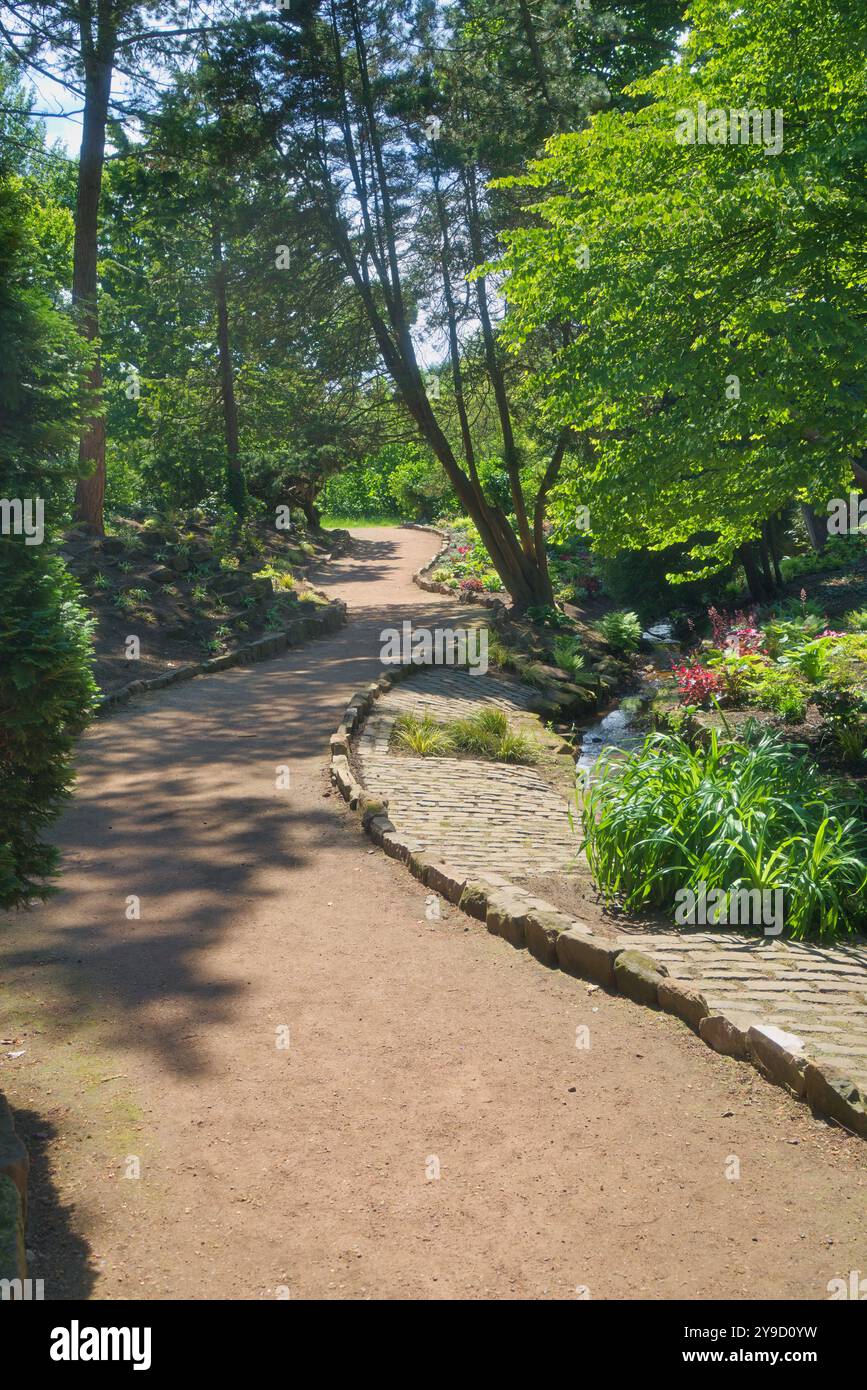 La fotografia mostra il percorso e il torrente, che si snodano attraverso i pittoreschi giardini cinesi di Ayr Campus, l'Università della Scozia occidentale. Questi bea Foto Stock
