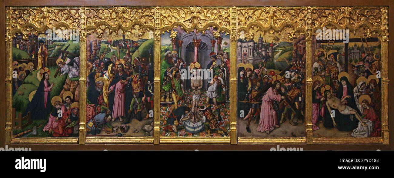 Predella con cinque scene della passione di Cristo di Juan Rexach Reixach (1431-1482). Raffigurante narrazioni bibliche all'interno di una cornice ornata in oro gotico. Foto Stock